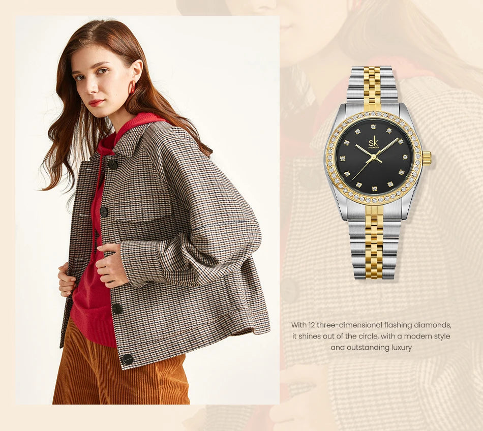 Shengke Women  Gold & Black Watch Diamond Quartz