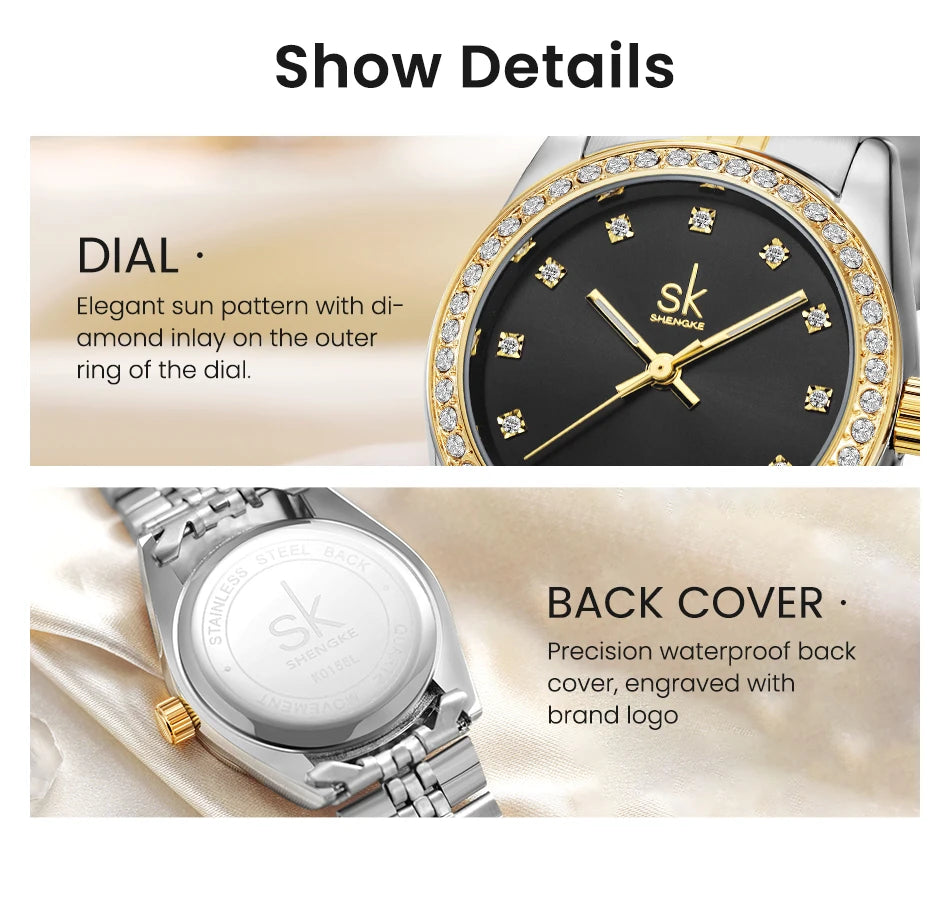 Shengke Women  Gold & Black Watch Diamond Quartz