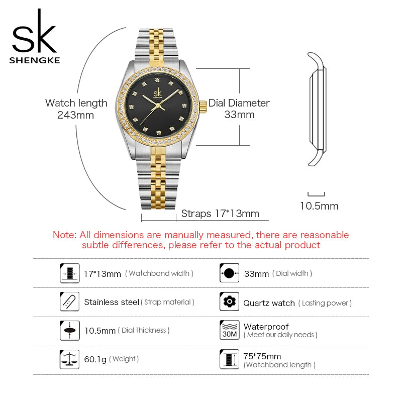 Shengke Women  Gold & Black Watch Diamond Quartz