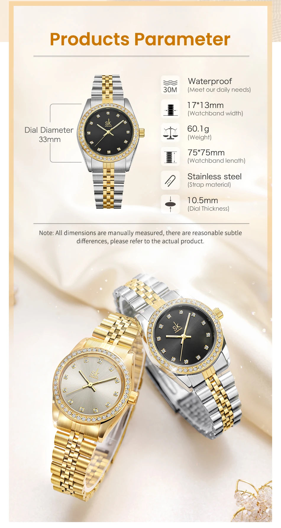 Shengke Women  Gold & Black Watch Diamond Quartz