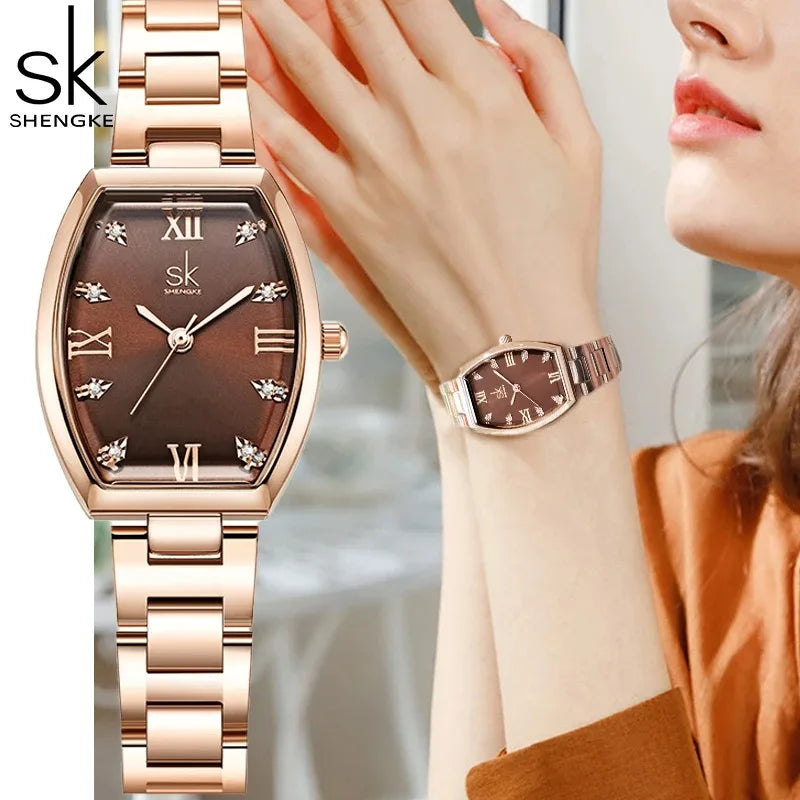 Shengke Roman Dial Stainless Steel Waterproof Women Watch