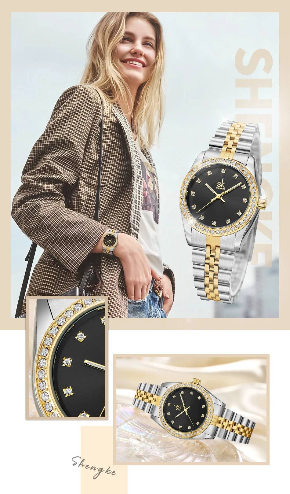 Shengke Women  Gold & Black Watch Diamond Quartz