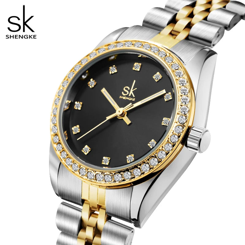 Shengke Women  Gold & Black Watch Diamond Quartz