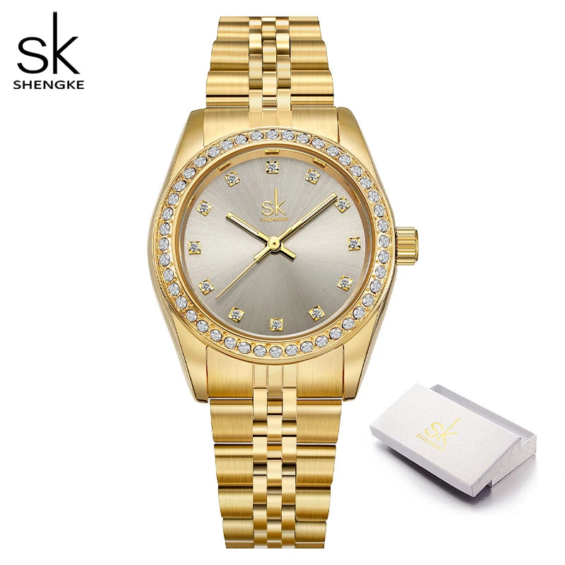 Shengke Women  Gold & Black Watch Diamond Quartz