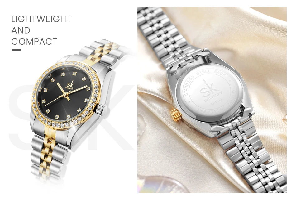 Shengke Women  Gold & Black Watch Diamond Quartz