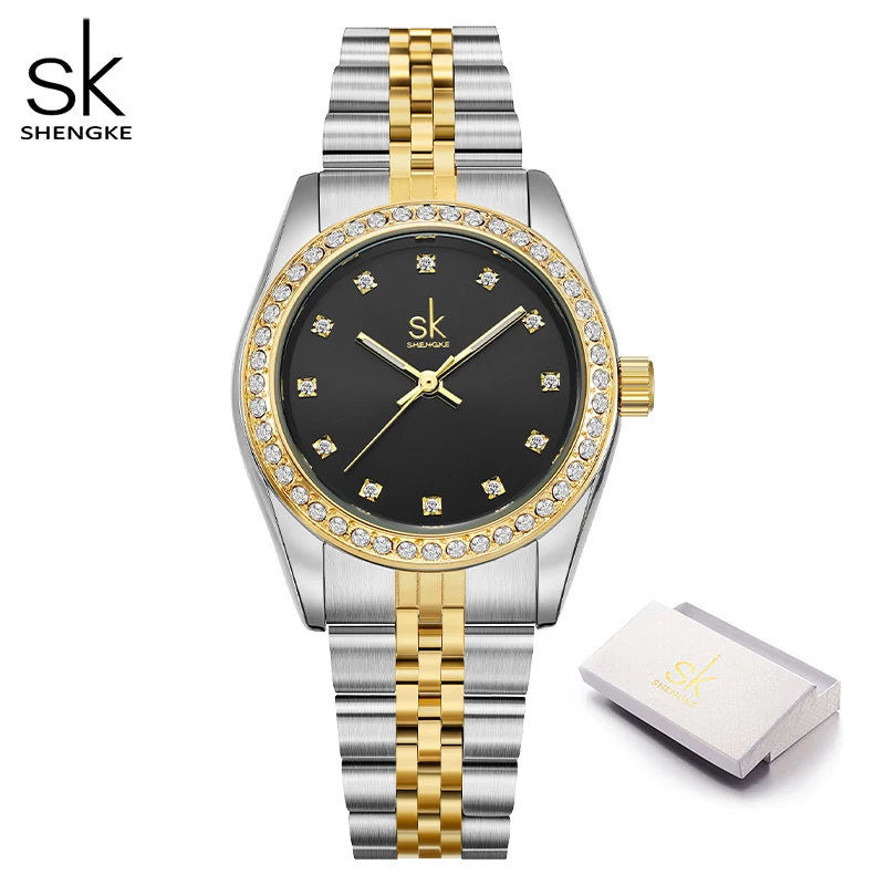 Shengke Women  Gold & Black Watch Diamond Quartz